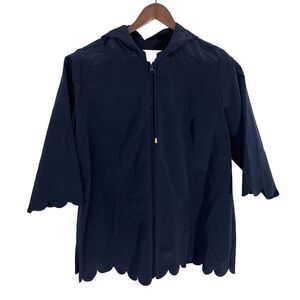 Crown & Ivy Rain Coat Women’s 2X Blue Hooded Zip Jacket Scallop Trim